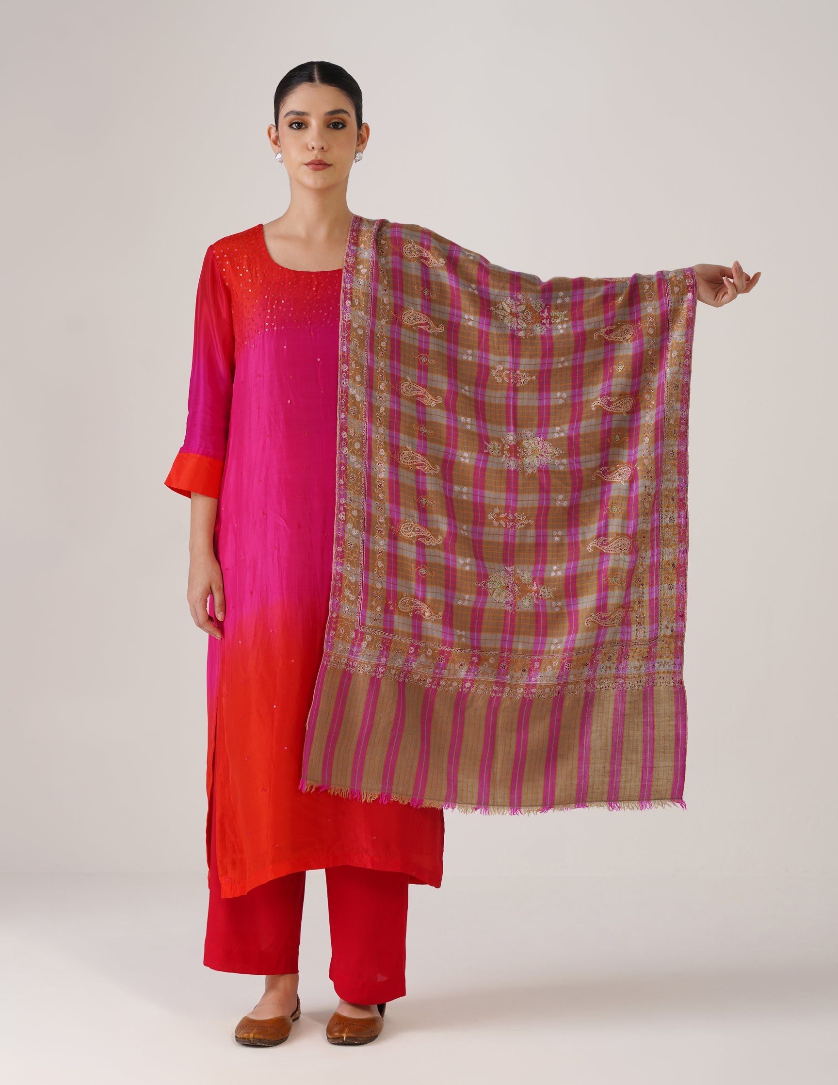 Kashmiri Handwoven Pashmina Sozni Stole Modern Check – Brown &amp; Purple | Handwoven Heritage