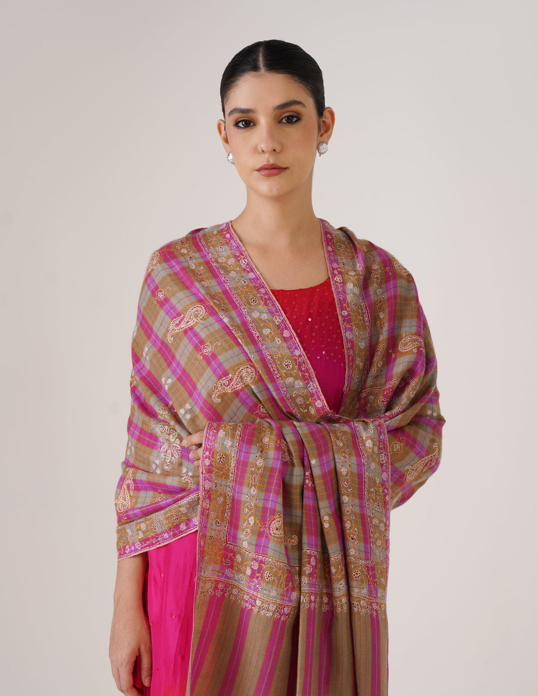 Kashmiri Handwoven Pashmina Sozni Stole Modern Check – Brown & Purple | Handwoven Heritage