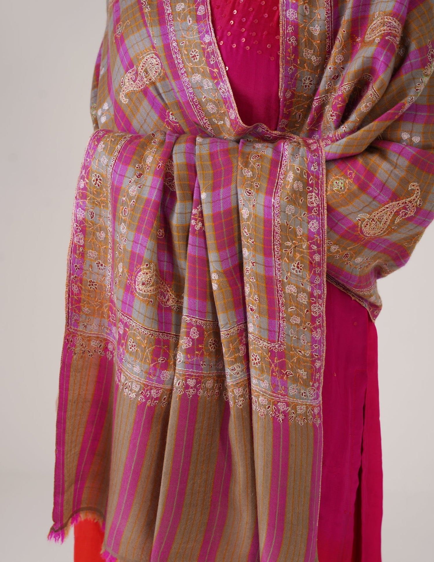 Kashmiri Handwoven Pashmina Sozni Stole Modern Check – Brown &amp; Purple | Handwoven Heritage