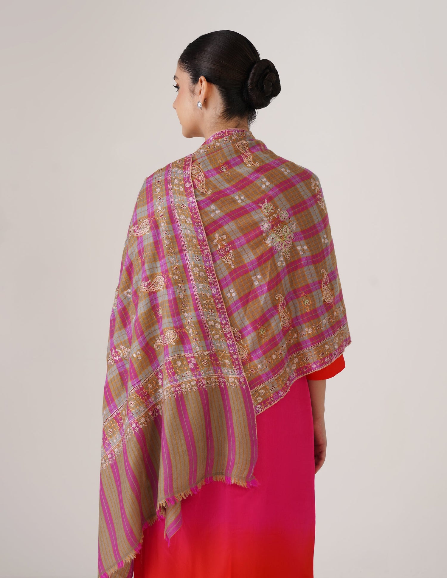 Kashmiri Handwoven Pashmina Sozni Stole Modern Check – Brown &amp; Purple | Handwoven Heritage
