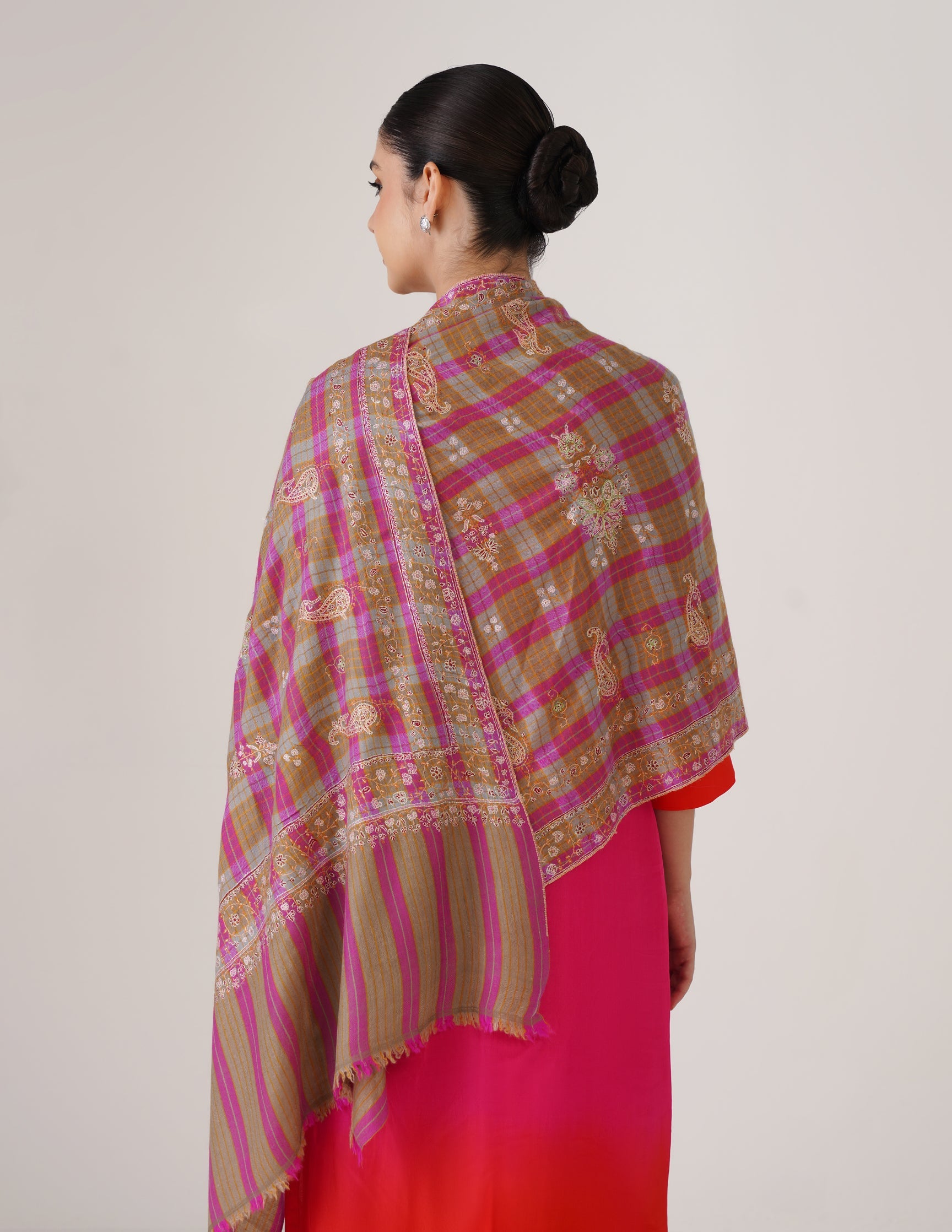 Kashmiri Handwoven Pashmina Sozni Stole Modern Check – Brown &amp; Purple | Handwoven Heritage