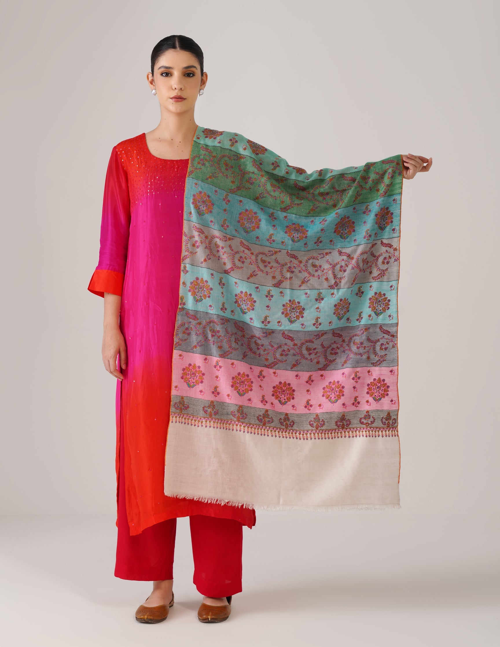 Kashmiri Handwoven Pashmina Sozni Stole Modern Stripes – Multicoloured | Handwoven Heritage