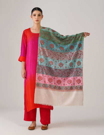 Kashmiri Handwoven Pashmina Sozni Stole Modern Stripes – Multicoloured | Handwoven Heritage