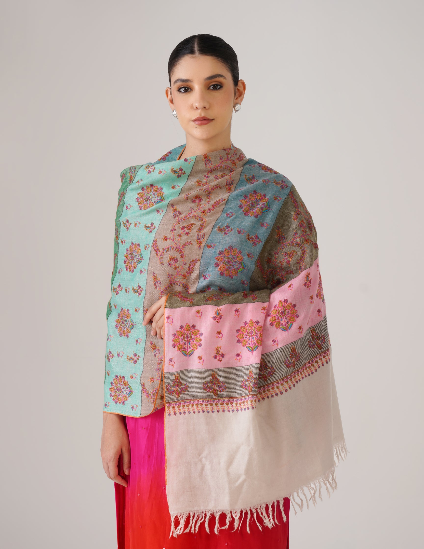 Kashmiri Handwoven Pashmina Sozni Stole Modern Stripes – Multicoloured | Handwoven Heritage