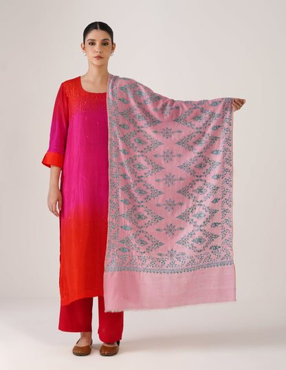 Kashmiri Handwoven Pashmina Sozni Stole Modern Design – Orchid Pink with Green Embroidery | Handwoven Heritage