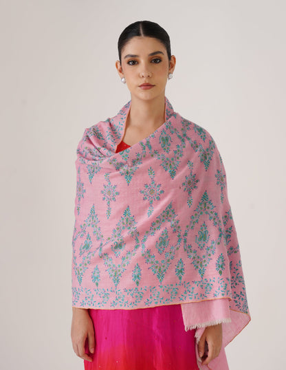 Kashmiri Handwoven Pashmina Sozni Stole Modern Design – Orchid Pink with Green Embroidery | Handwoven Heritage