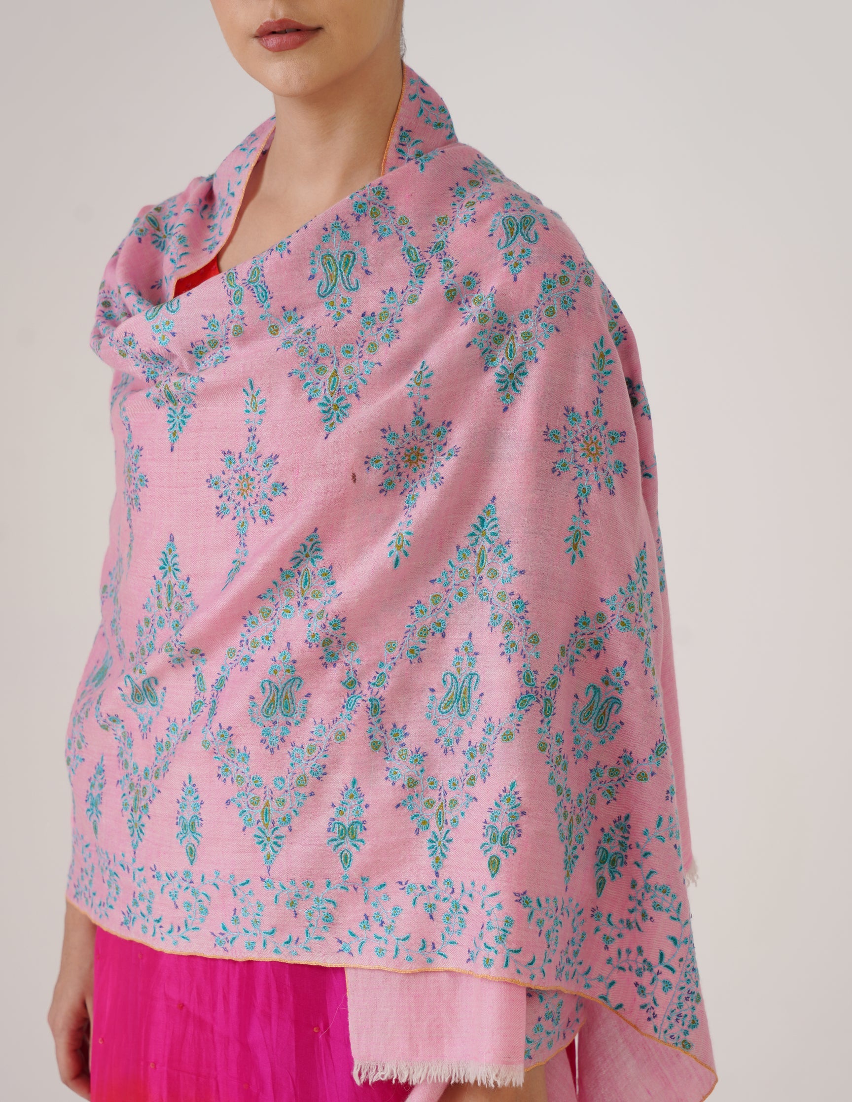 Kashmiri Handwoven Pashmina Sozni Stole Modern Design – Orchid Pink with Green Embroidery | Handwoven Heritage