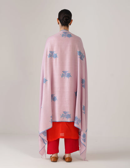 Kashmiri Handwoven Pashmina Sozni Shawl Hashidaar with Bootidar Motifs – Baby Pink | Turquoise &amp; Blue Heritage - Kashmir Box