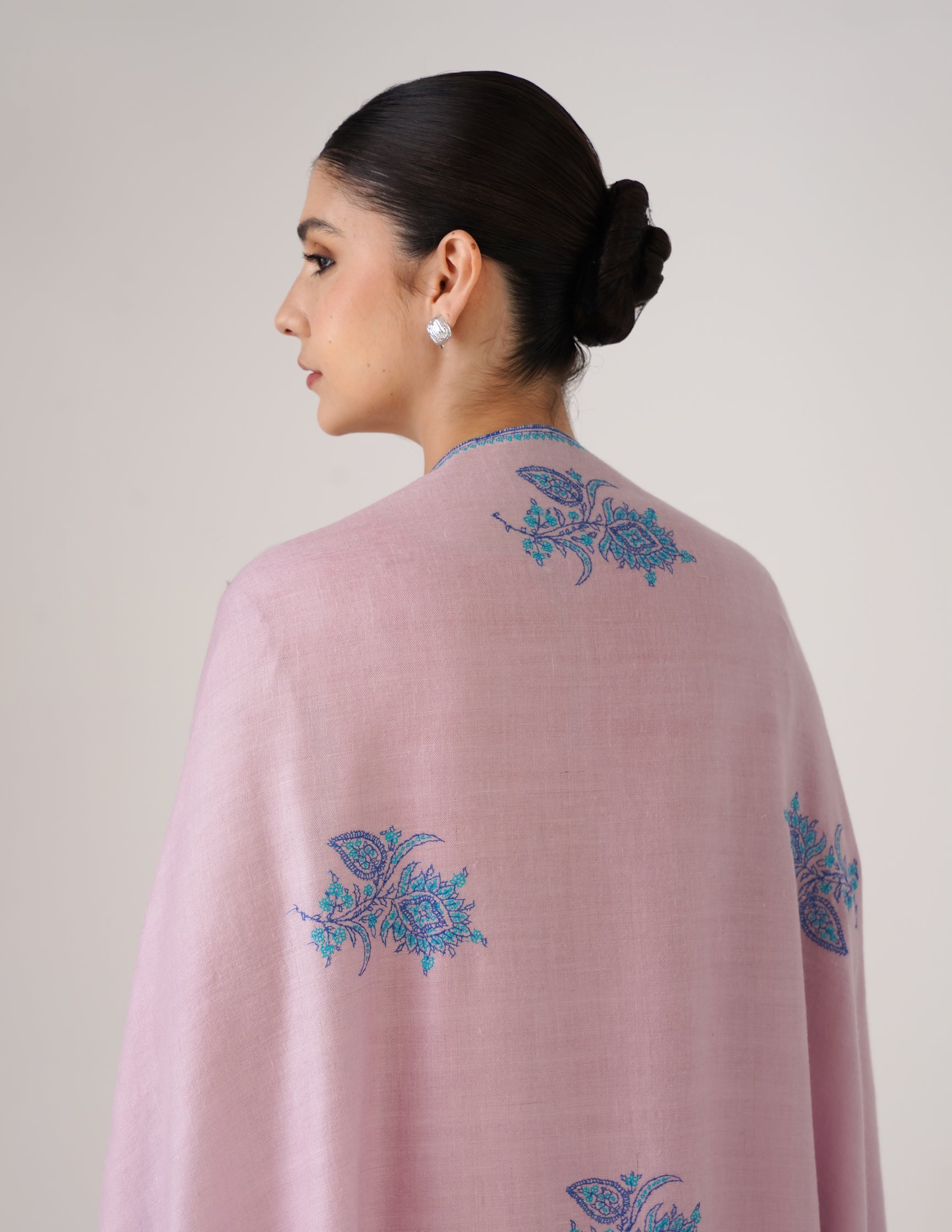 Kashmiri Handwoven Pashmina Sozni Shawl Hashidaar with Bootidar Motifs – Baby Pink | Turquoise &amp; Blue Heritage - Kashmir Box