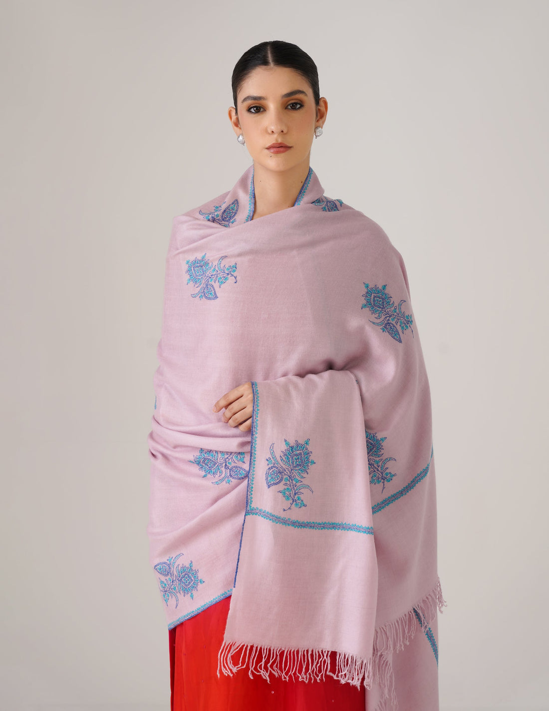 Kashmiri Handwoven Pashmina Sozni Shawl Hashidaar with Bootidar Motifs – Baby Pink | Turquoise & Blue Heritage - Kashmir Box
