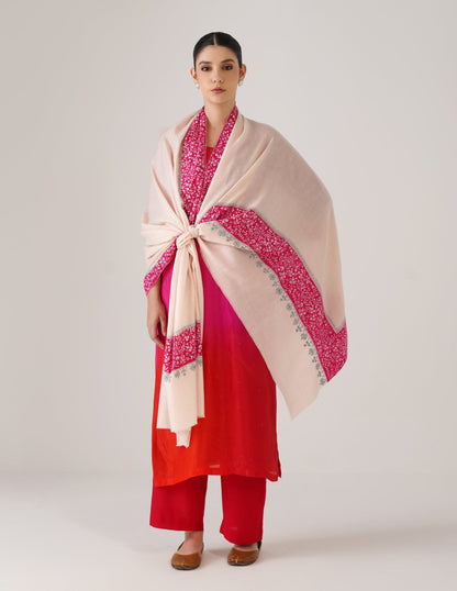 Kashmiri Handwoven Pashmina Sozni Shawl Modern Design – Light Peach | White &amp; Grey Heritage - Kashmir Box