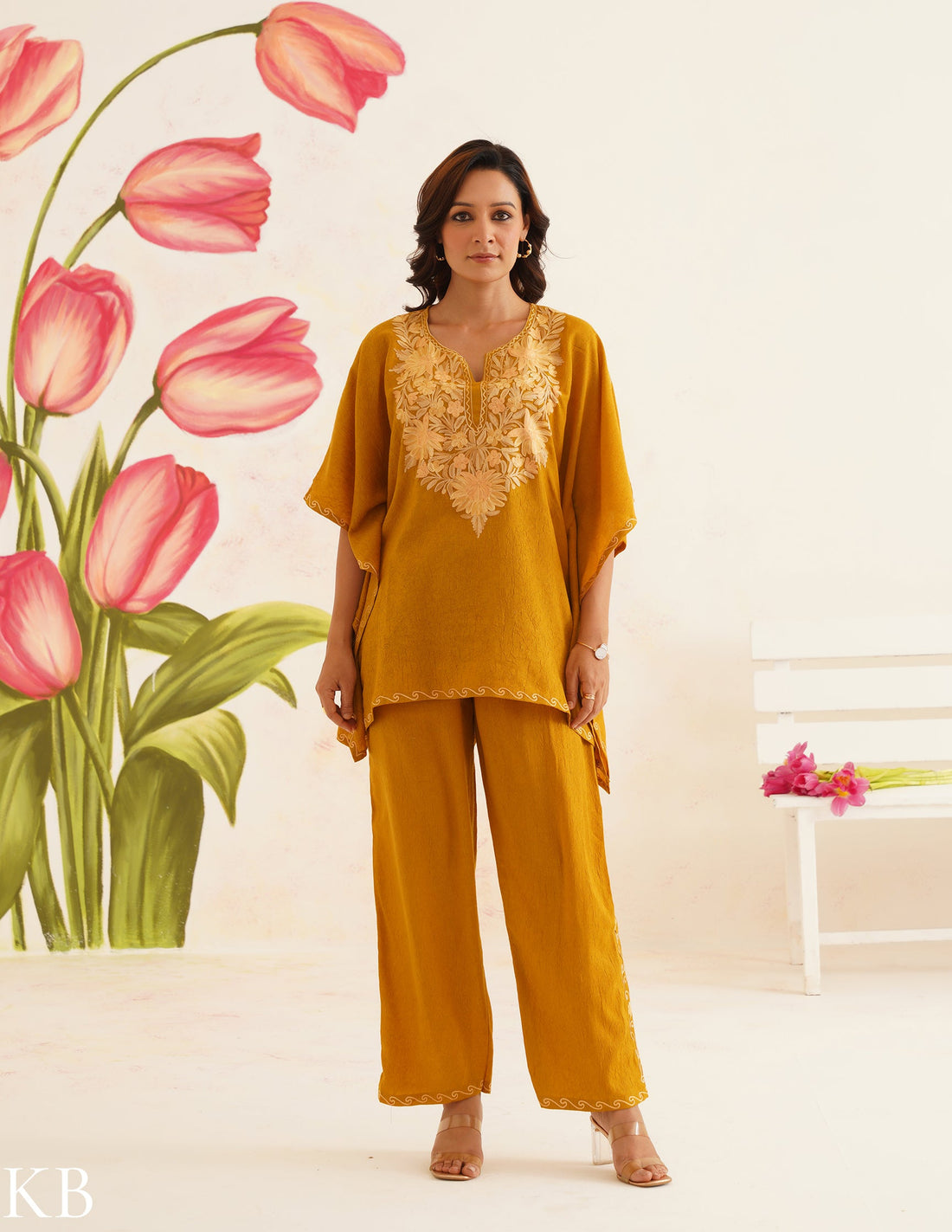 Mustard Brown Aari Embroidered Cotton Kaftan Set | Comfortable Loose-Fit Coordinated Outfit | Summer Ethnic Wear - Kashmir Box