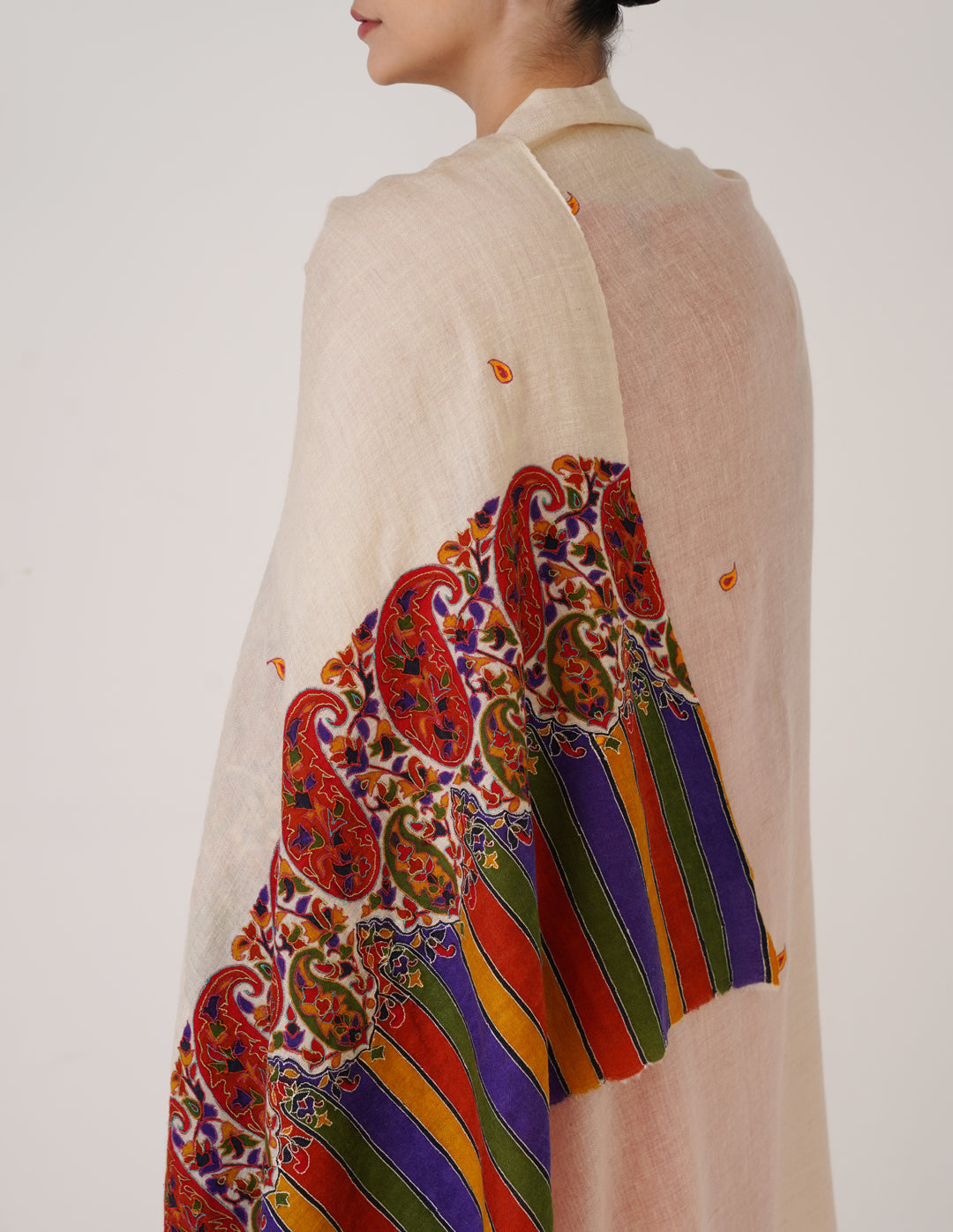Kashmiri Handwoven Pashmina Sozni Shawl Modern Design – Off White | Multicolour Heritage - Kashmir Box