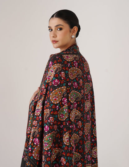 Kashmiri Handwoven Pashmina Sozni Shawl Jaalidar – Black &amp; Grey | Multicolour Heritage - Kashmir Box