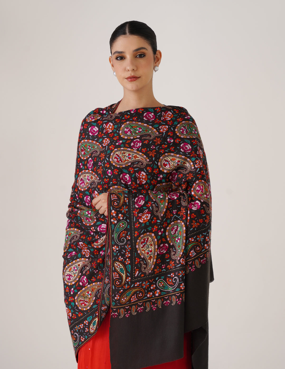 Kashmiri Handwoven Pashmina Sozni Shawl Jaalidar – Black &amp; Grey | Multicolour Heritage - Kashmir Box