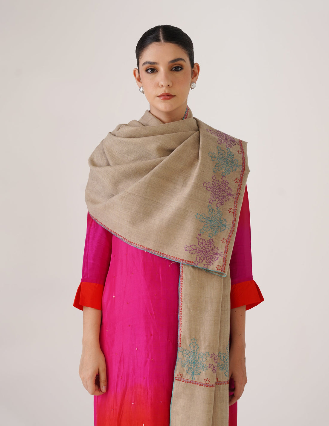 Kashmiri Handwoven Pashmina Sozni Stole Paldaar – Natural | Handwoven Heritage