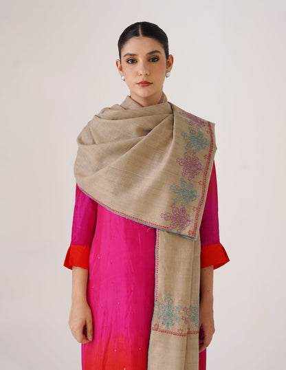 Kashmiri Handwoven Pashmina Sozni Stole Paldaar – Natural | Handwoven Heritage