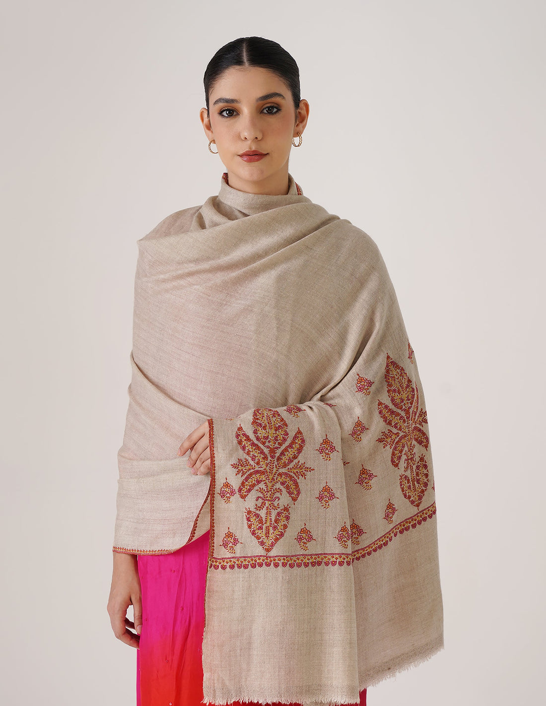 Kashmiri Handwoven Pashmina Sozni Shawl Paldaar – Natural White | Handwoven Heritage