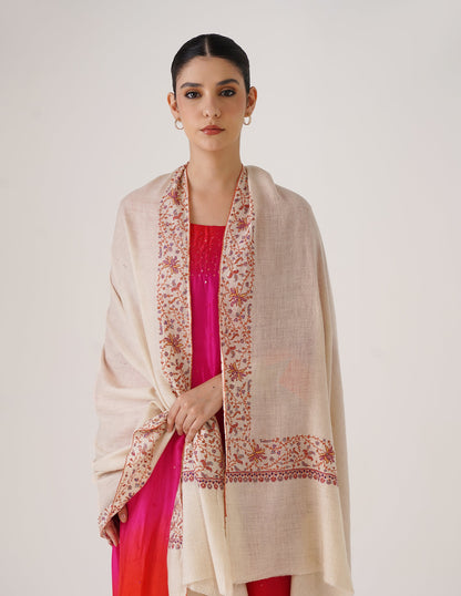 Kashmiri Handwoven Pashmina Sozni Shawl Doredaar – Off-White | Handwoven Heritage