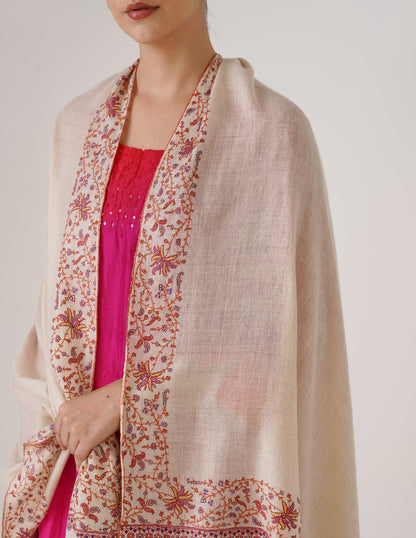 Kashmiri Handwoven Pashmina Sozni Shawl Doredaar – Off-White | Handwoven Heritage