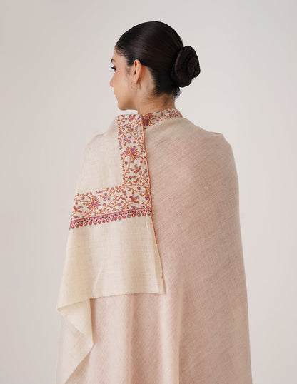 Kashmiri Handwoven Pashmina Sozni Shawl Doredaar – Off-White | Handwoven Heritage