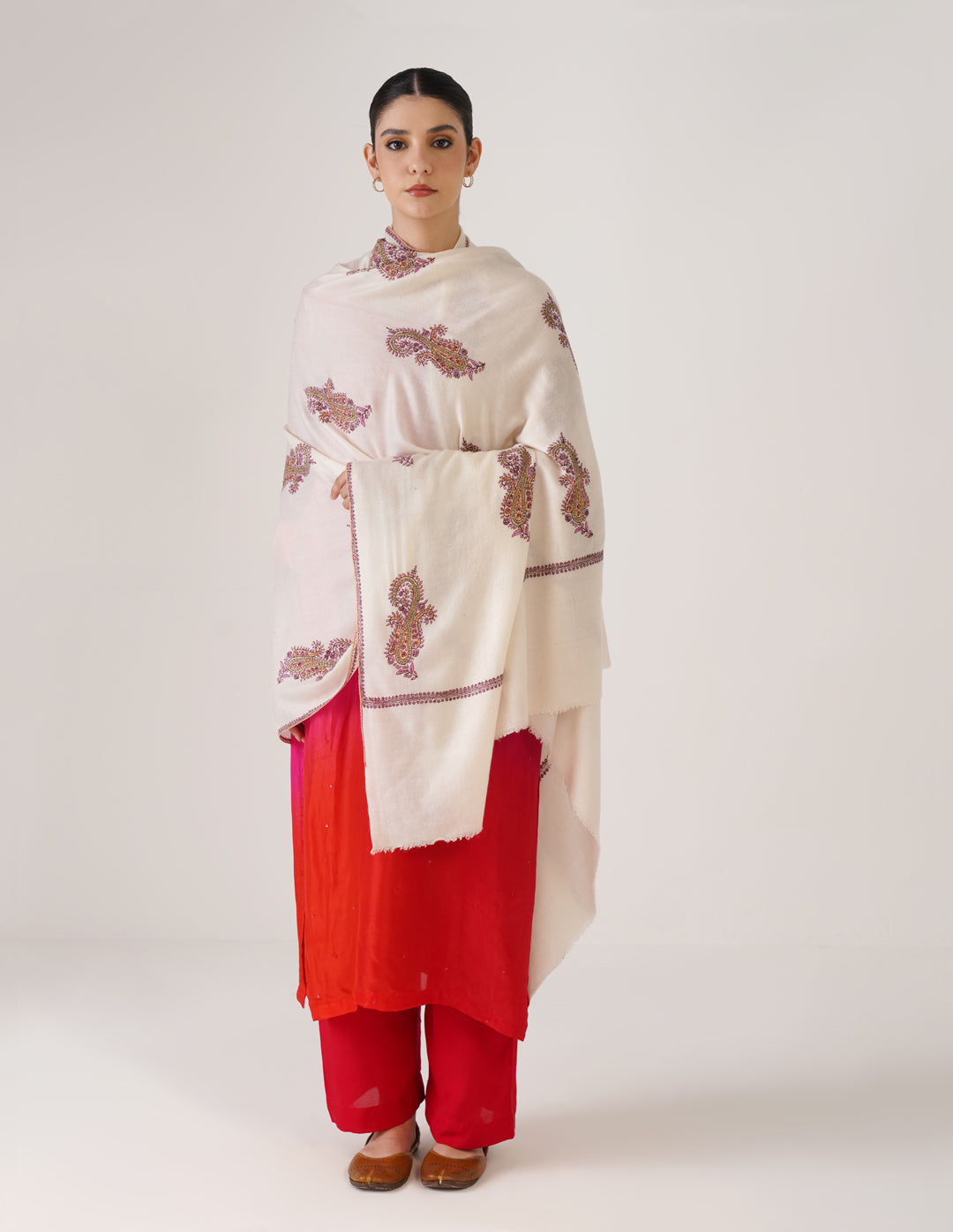 Kashmiri Handwoven Pashmina Sozni Shawl Bootidar Badaam Motifs – Off White | Multicolour Heritage - Kashmir Box