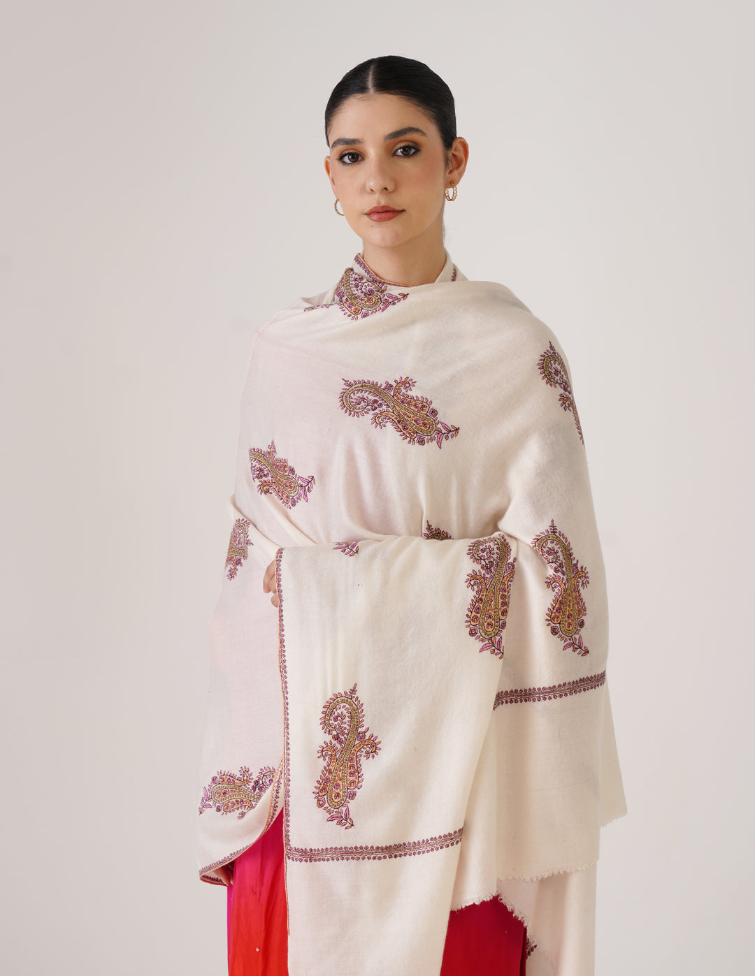 Kashmiri Handwoven Pashmina Sozni Shawl Bootidar Badaam Motifs – Off White | Multicolour Heritage - Kashmir Box