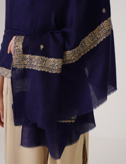 Kashmiri Handwoven Pashmina Sozni Shawl Doredaar – Navy Blue | Mehendi &amp; Grey Heritage - Kashmir Box