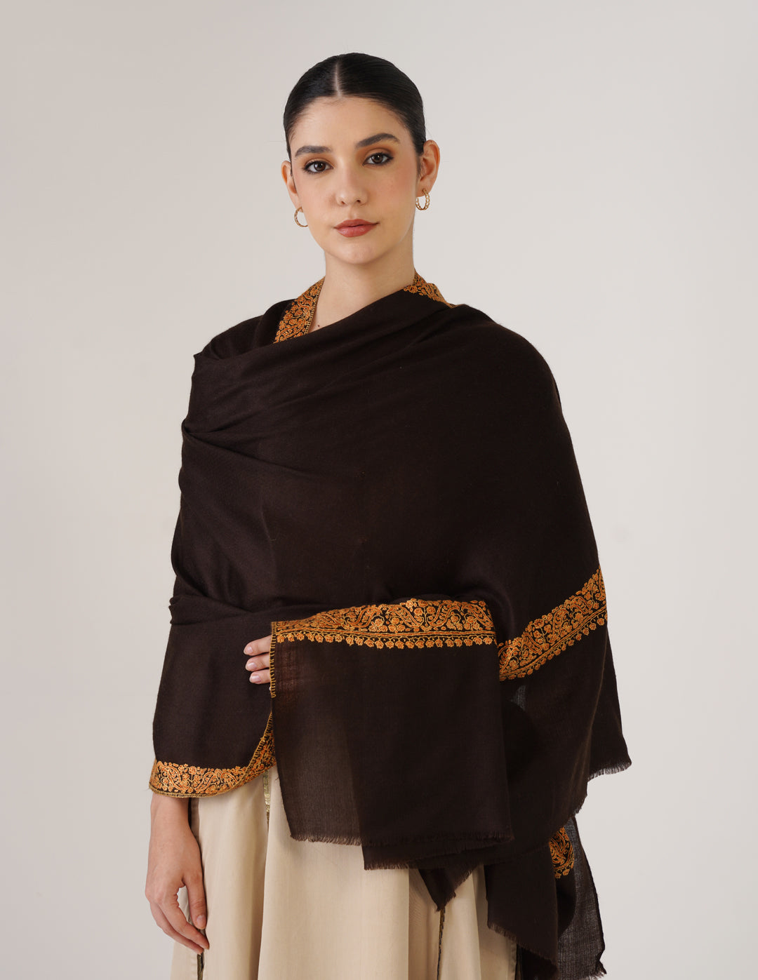 Kashmiri Handwoven Pashmina Sozni Shawl Doredaar – Brown | Yellow & Orange Heritage - Kashmir Box