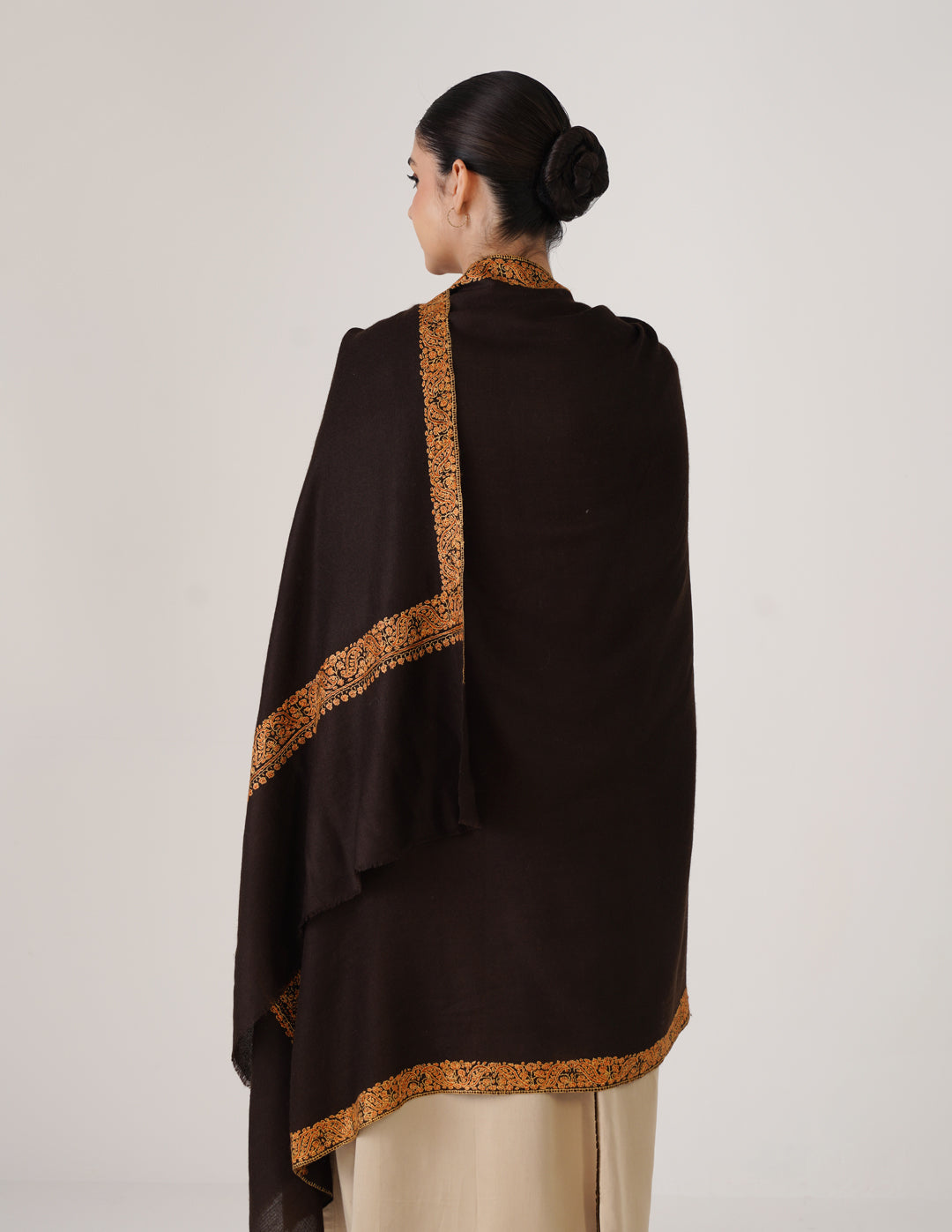 Kashmiri Handwoven Pashmina Sozni Shawl Doredaar – Brown | Yellow &amp; Orange Heritage - Kashmir Box