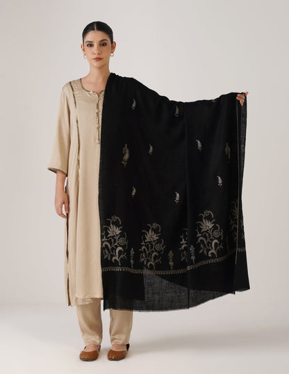 Kashmiri Handwoven Pashmina Sozni Shawl Paldaar – Black | Multicolour Heritage - Kashmir Box