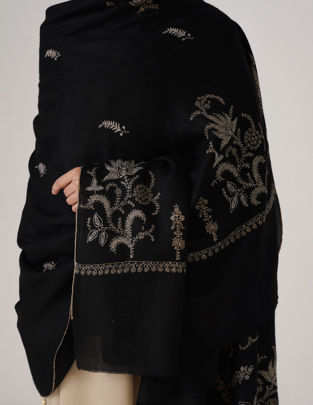 Kashmiri Handwoven Pashmina Sozni Shawl Paldaar – Black | Multicolour Heritage - Kashmir Box