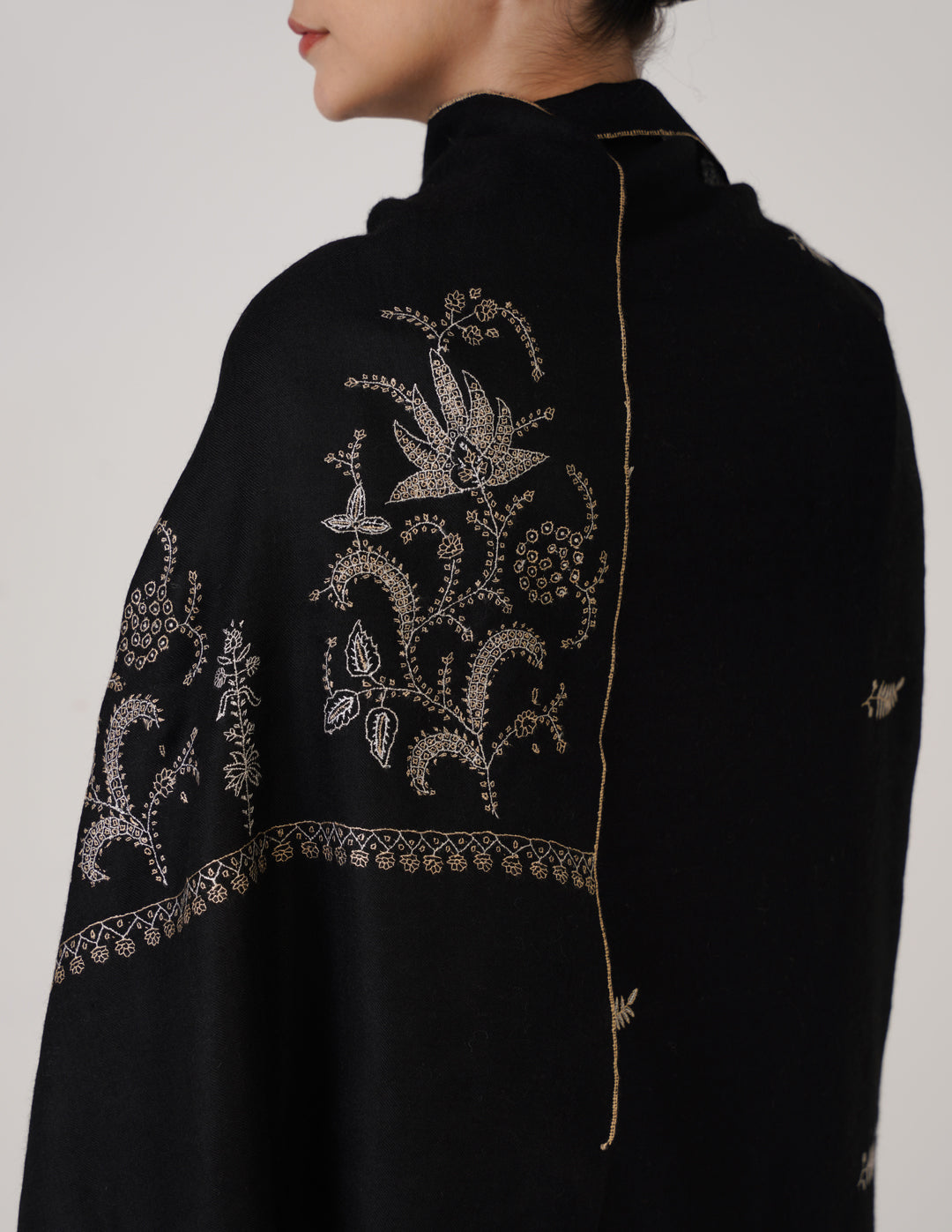 Kashmiri Handwoven Pashmina Sozni Shawl Paldaar – Black | Multicolour Heritage - Kashmir Box