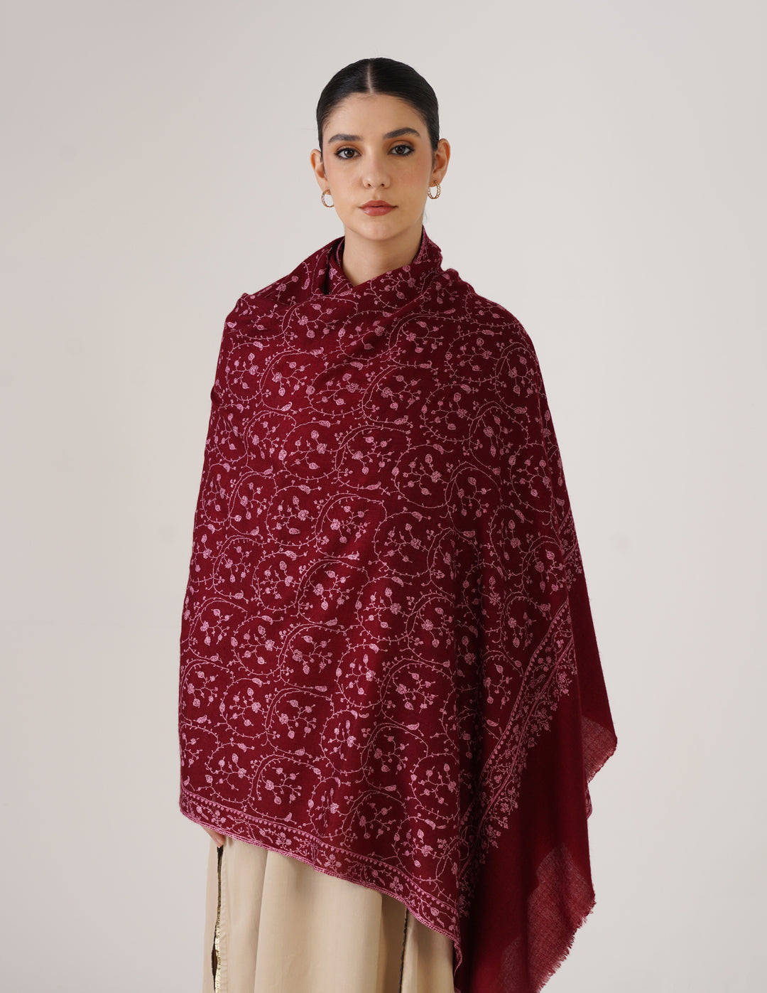Kashmiri Handwoven Pashmina Sozni Shawl Jaalidar – Maroon | Pink & Light Brown Heritage - Kashmir Box