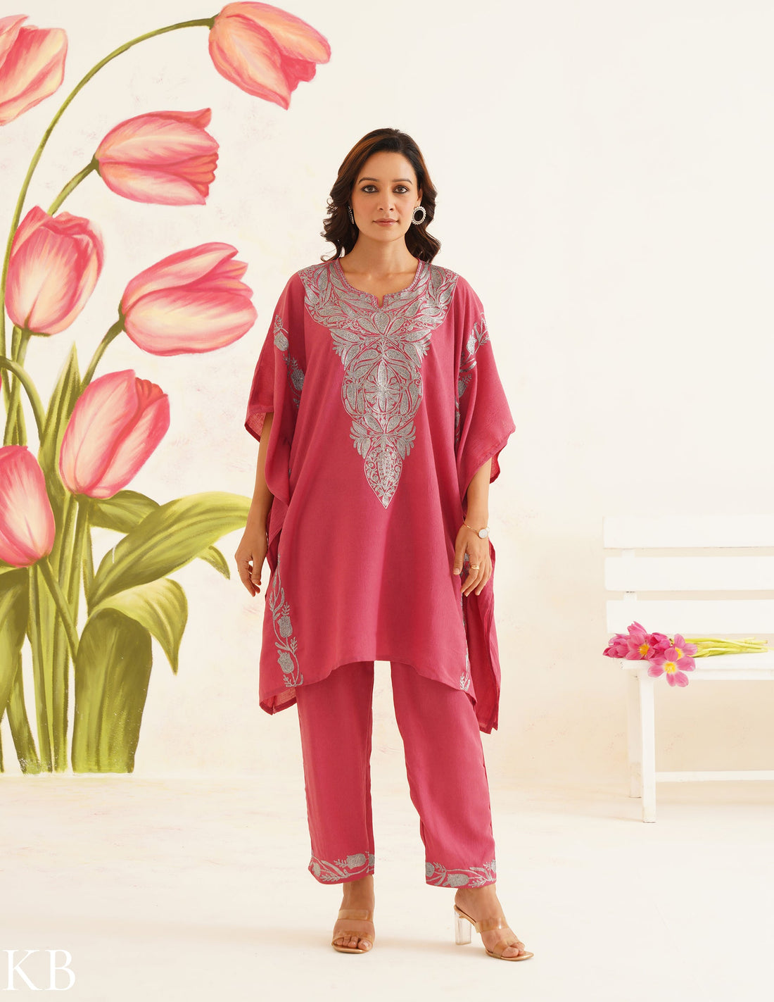 Pink Zari Embroidered Cotton Kaftan Set | Comfortable Loose-Fit Coordinated Outfit | Summer Ethnic Wear - Kashmir Box