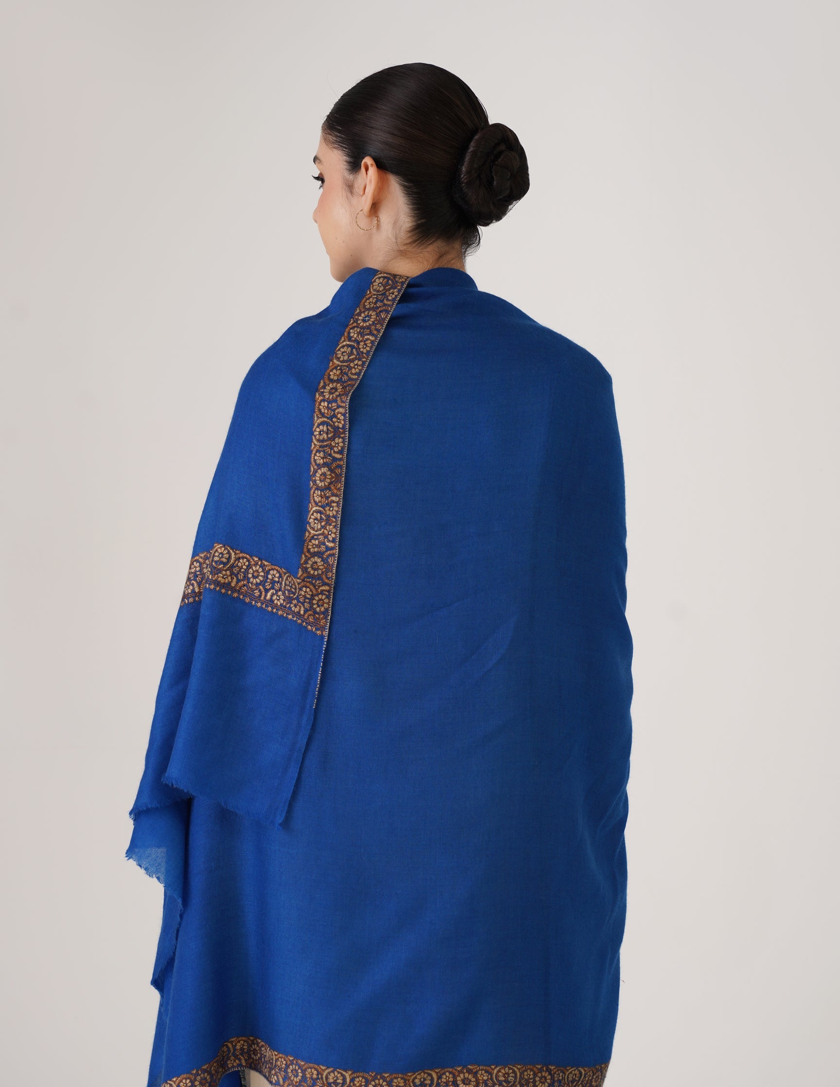 Kashmiri Handwoven Pashmina Sozni Shawl Doredaar – Blue | Brown &amp; Mehendi Heritage - Kashmir Box