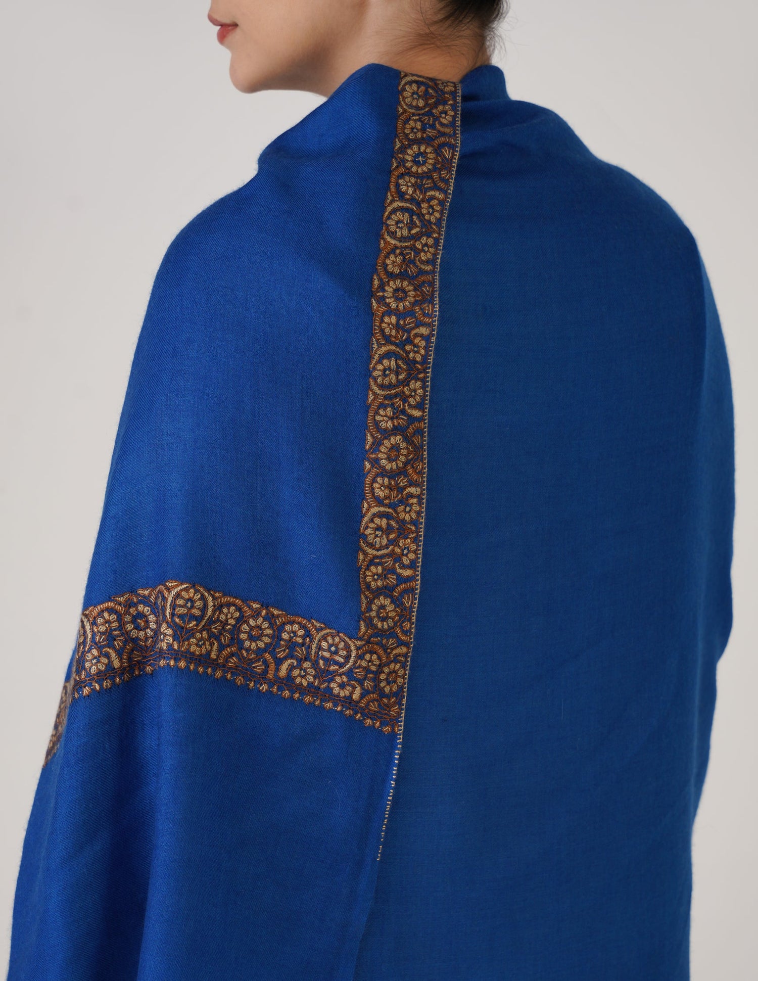 Kashmiri Handwoven Pashmina Sozni Shawl Doredaar – Blue | Brown &amp; Mehendi Heritage - Kashmir Box