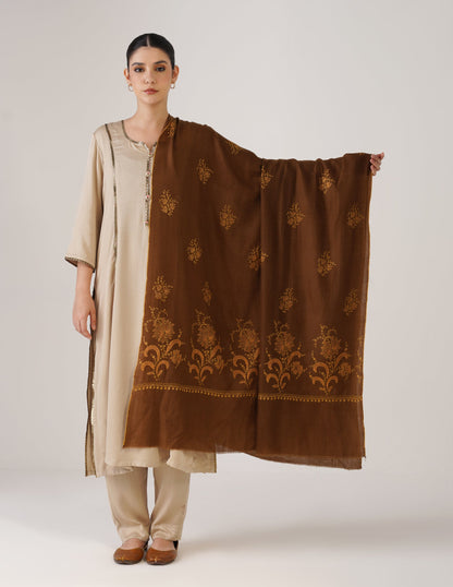 Kashmiri Handwoven Pashmina Sozni Shawl Bootidar – Brown | Yellow &amp; Orange Heritage - Kashmir Box