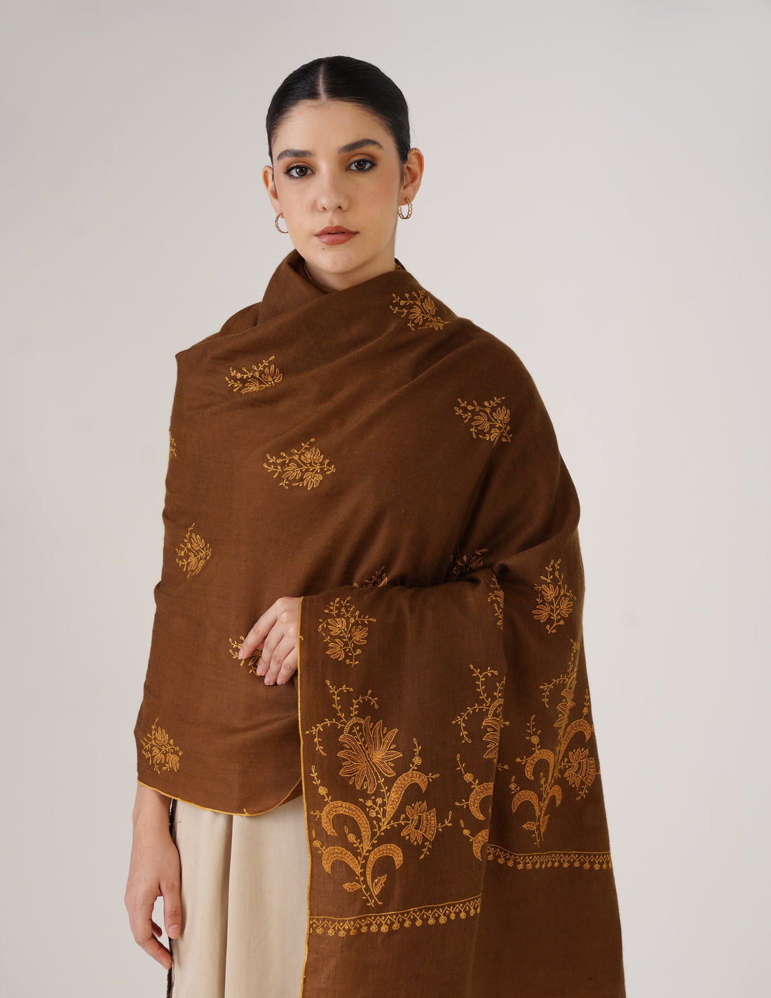 Kashmiri Handwoven Pashmina Sozni Shawl Bootidar – Brown | Yellow &amp; Orange Heritage - Kashmir Box