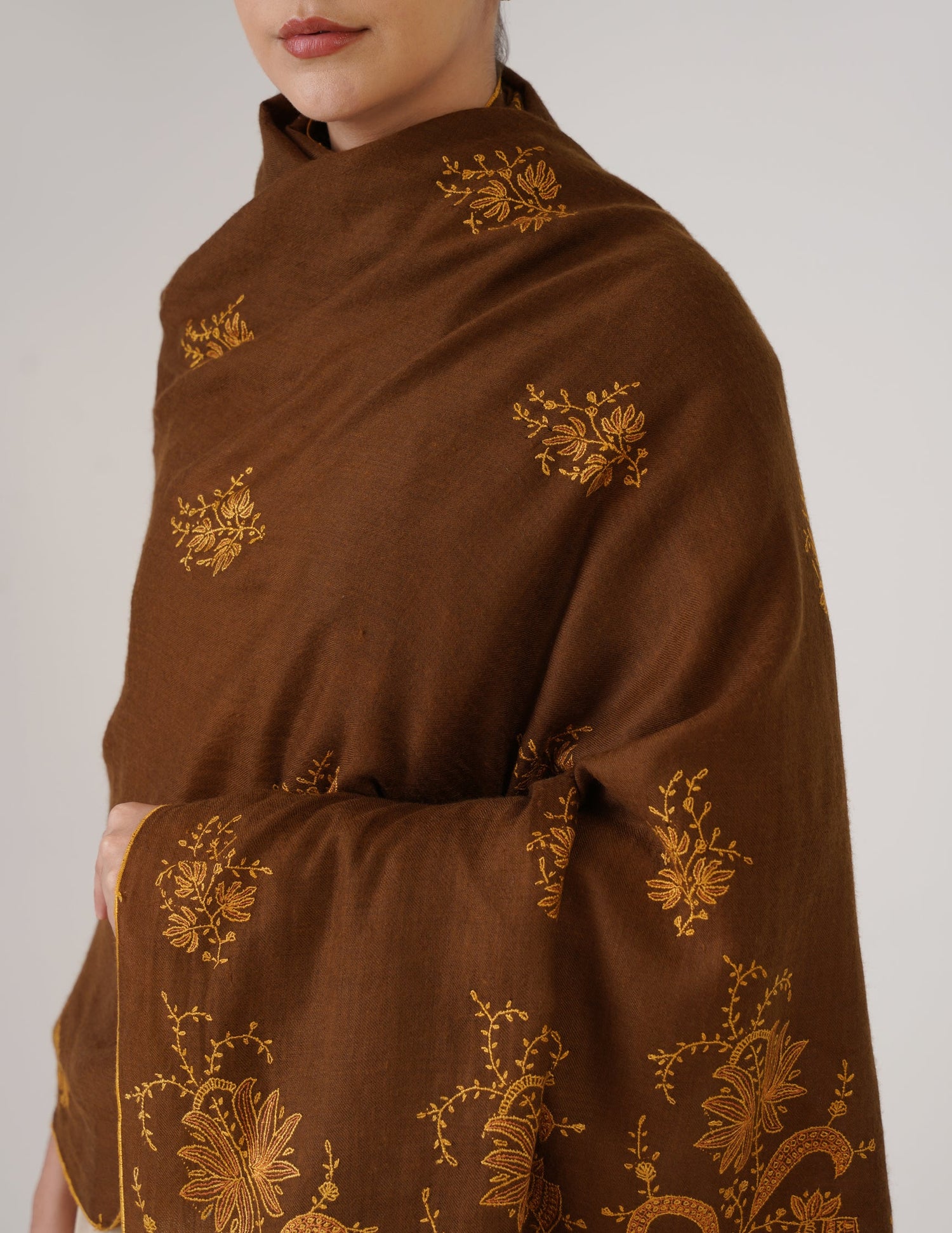Kashmiri Handwoven Pashmina Sozni Shawl Bootidar – Brown | Yellow &amp; Orange Heritage - Kashmir Box