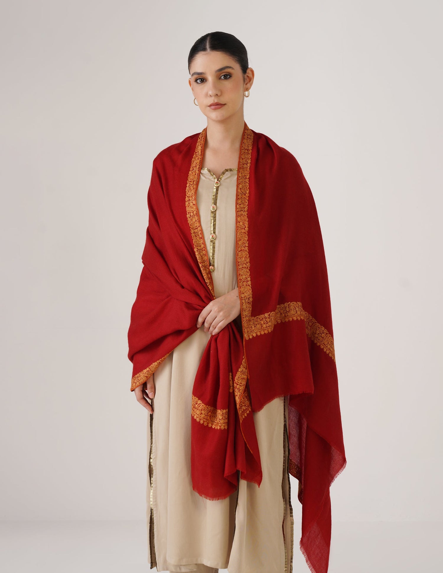 Kashmiri Handwoven Pashmina Sozni Shawl Doredaar – Red | Yellow &amp; Orange Heritage - Kashmir Box