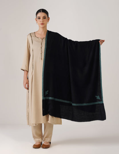 Kashmiri Handwoven Pashmina Sozni Shawl Hashidaar – Black | Sea Green Heritage - Kashmir Box