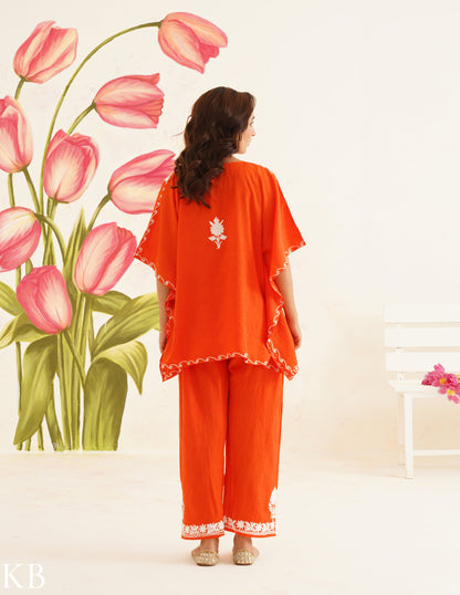 Vibrant Orange Aari Embroidered Cotton Kaftan Set | Comfortable Loose-Fit Coordinated Outfit | Summer Ethnic Wear - Kashmir Box