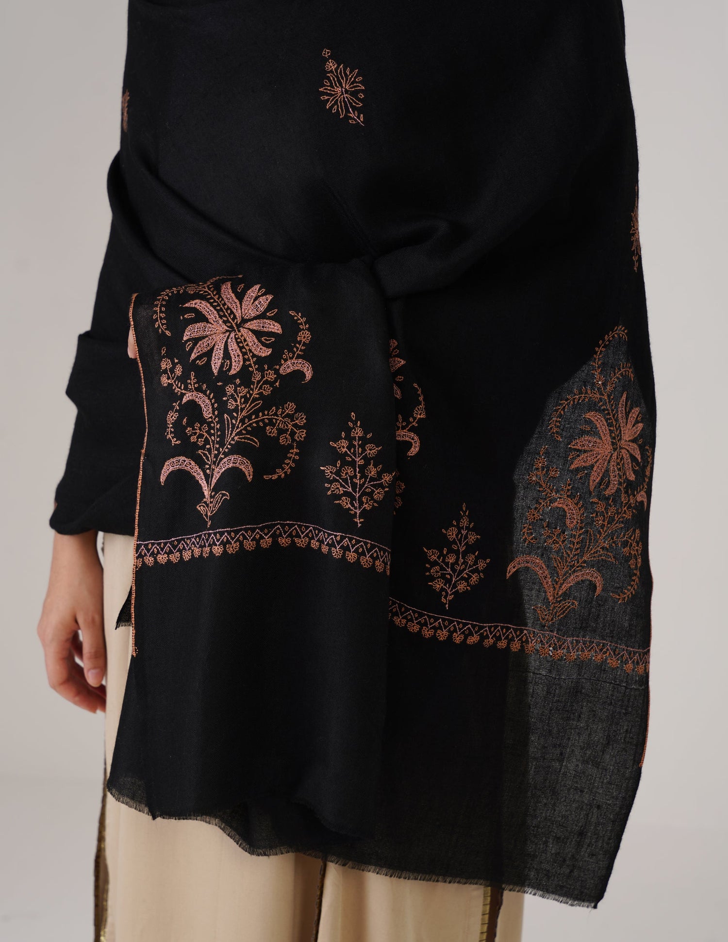 Kashmiri Handwoven Pashmina Sozni Shawl Bootidar – Black | Pink &amp; Orange Heritage - Kashmir Box