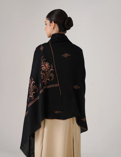 Kashmiri Handwoven Pashmina Sozni Shawl Bootidar – Black | Pink &amp; Orange Heritage - Kashmir Box