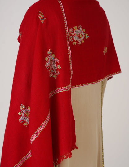 Kashmiri Handwoven Pashmina Sozni Stole Bootidar – Red | Handwoven Heritage - Kashmir Box