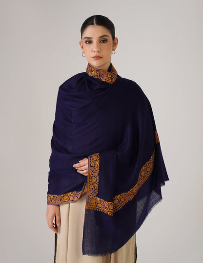Kashmiri Handwoven Pashmina Sozni Shawl Doredaar – Navy Blue | Multicolour Heritage - Kashmir Box