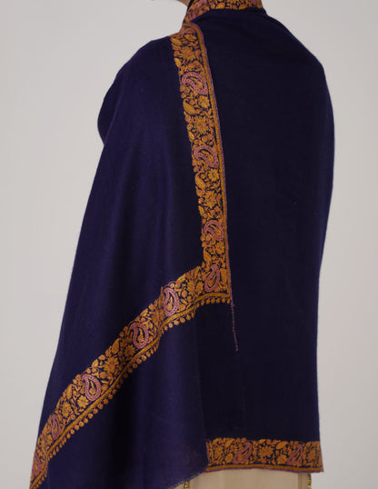 Kashmiri Handwoven Pashmina Sozni Shawl Doredaar – Navy Blue | Multicolour Heritage - Kashmir Box