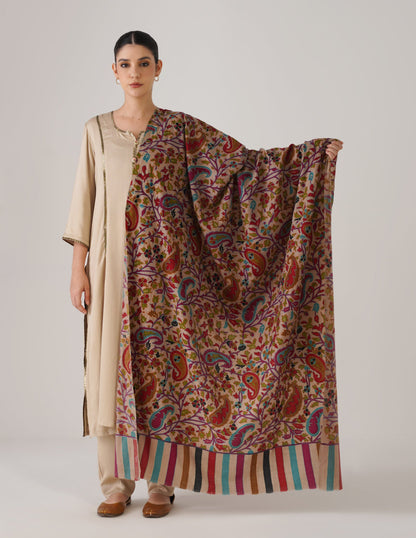 Kashmiri Handwoven Kani Embroidered Pashmina Shawl – Natural | Kalamkari Heritage - Kashmir Box