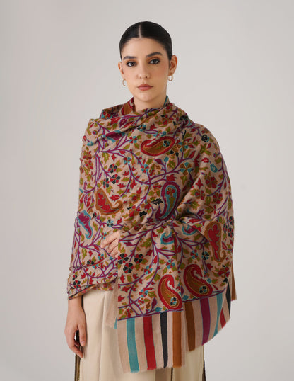 Kashmiri Handwoven Kani Embroidered Pashmina Shawl – Natural | Kalamkari Heritage - Kashmir Box
